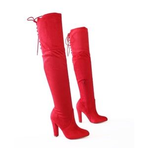 obey-red stretch micro suede over the knee boots